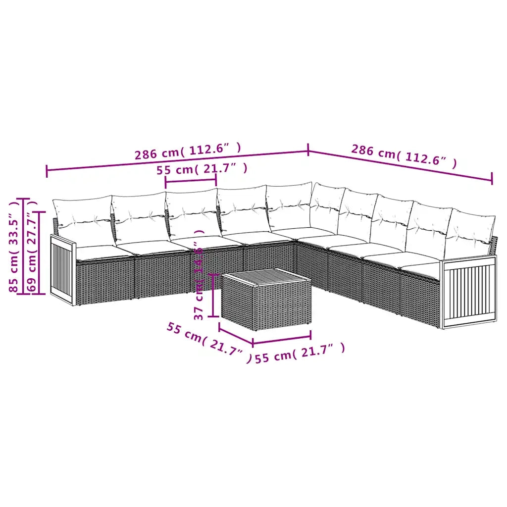 Set Divani da Giardino 10 pz con Cuscini Grigio in Polyrattan 3227748