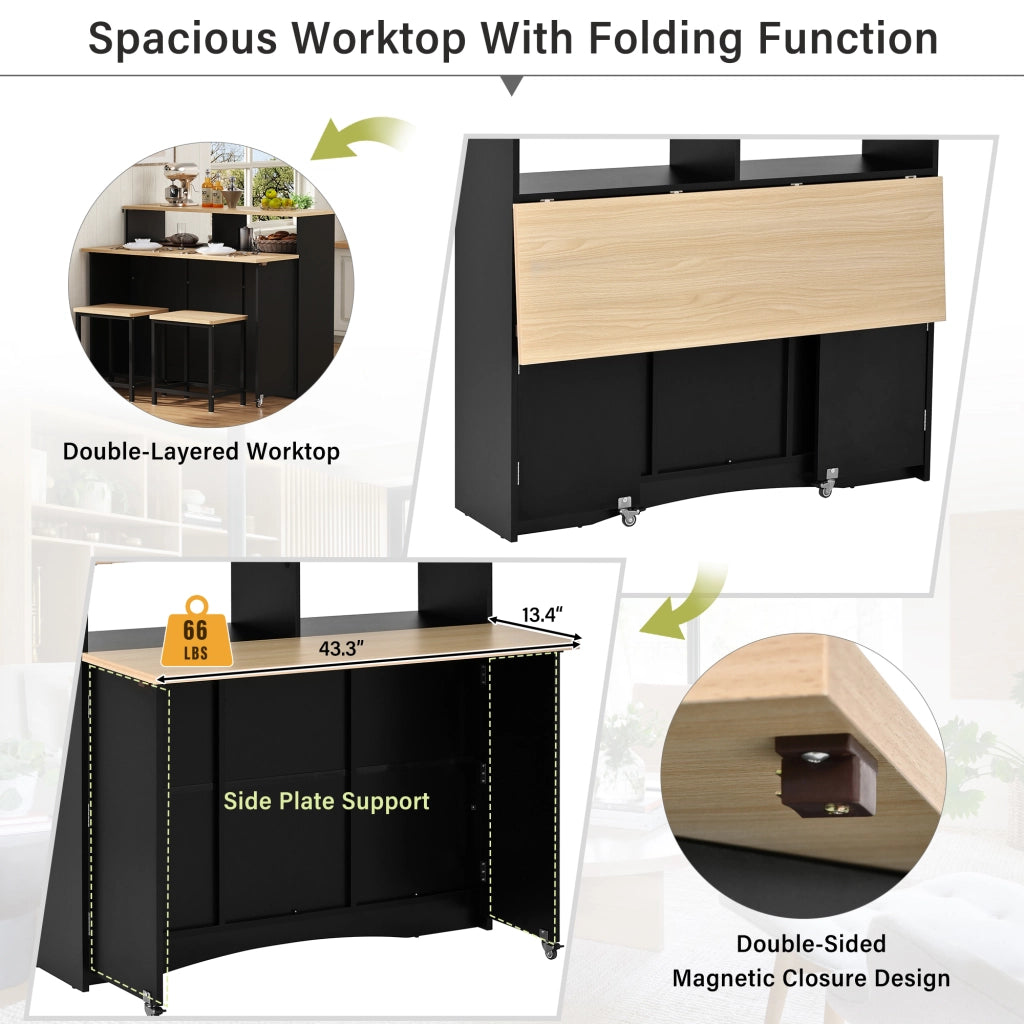 Isola Cucina con Ruote e Piano Allungabile ¨C MINIMAL ¨C Nero, con Sedie e Contenitore