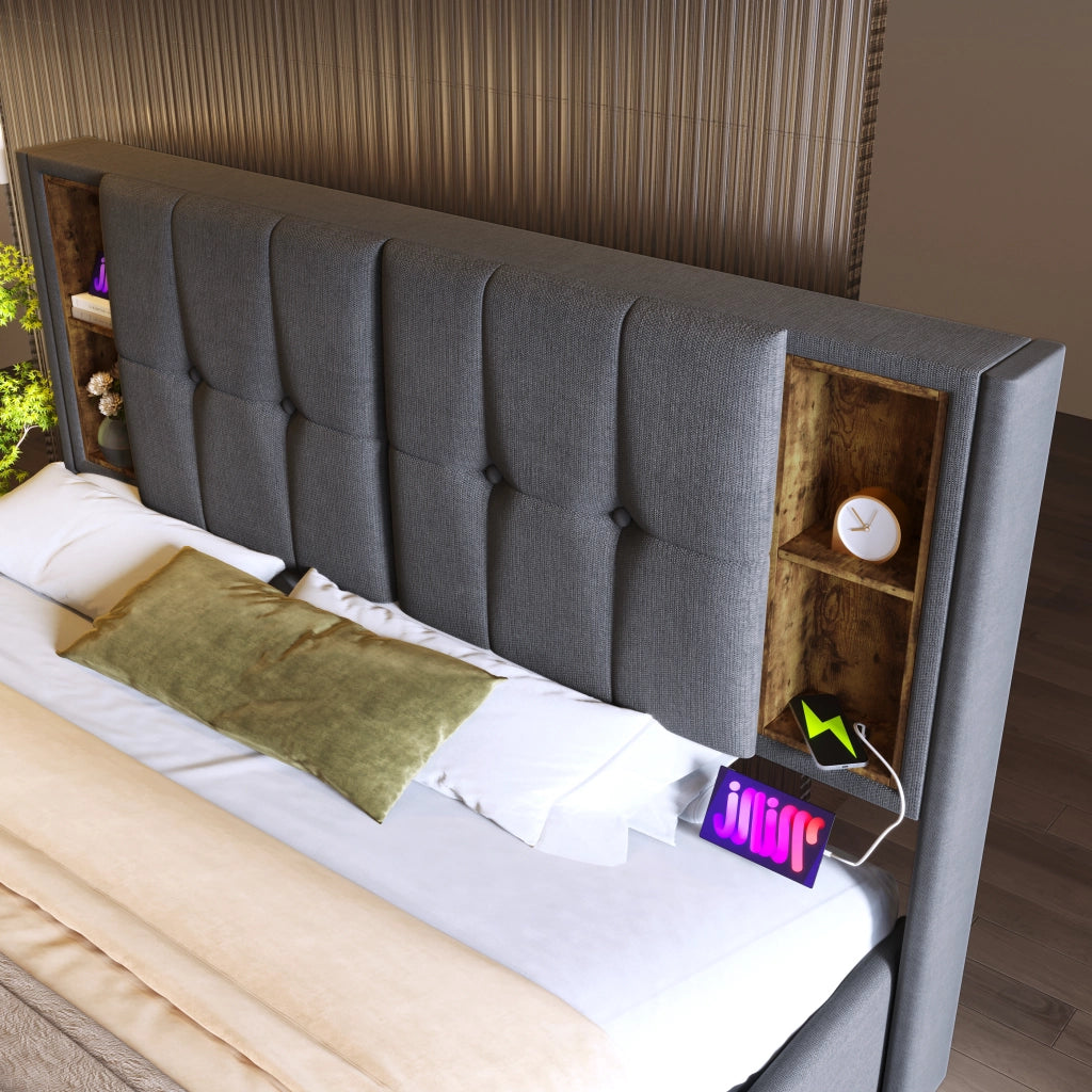 LETTO imbottito 160x200 cm grigio in cotone con ricarica wireless e USB