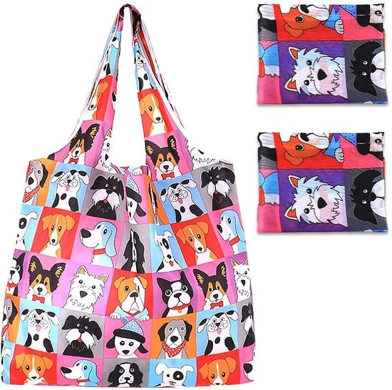 Borsa per spesa pieghevole - 2 pezzi - Leggera - Borsa per spesa per donne - Polyester - Disegno di cane - Carrello del negozio