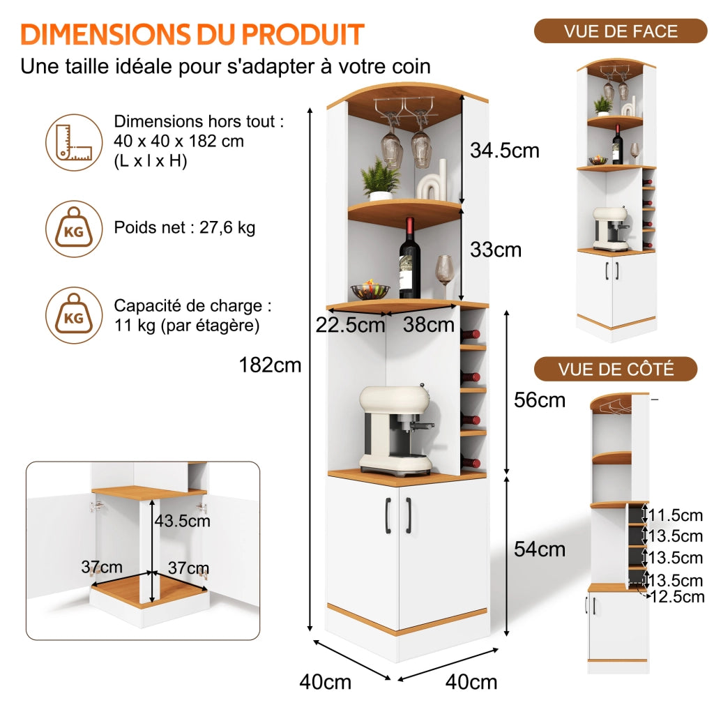 Mobile angolare per vini con portabicchieri; 4 vani e armadietto; per cucina e soggiorno; bianco; 40 × 40 × 182 cm