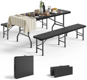 Set 3 Tavoli e Panche Birreria Pieghevoli Rattan, 1 Tavolo 180x74x74cm + 2 Panca da Esterno 180x30x43cm, Robusta Portatile Facile da Pulire Pieghevole Tavolo Birreria con Panche per 6-8 Persone