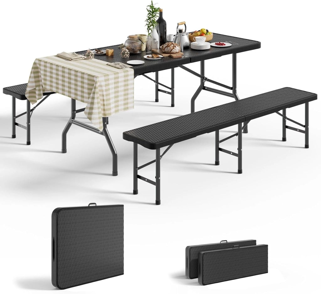 Set 3 Tavoli e Panche Birreria Pieghevoli Rattan, 1 Tavolo 180x74x74cm + 2 Panca da Esterno 180x30x43cm, Robusta Portatile Facile da Pulire Pieghevole Tavolo Birreria con Panche per 6-8 Persone