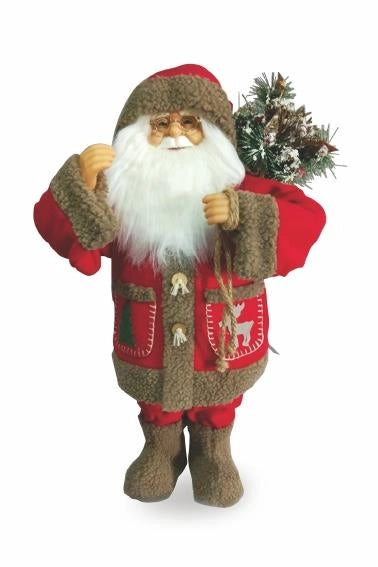 BABBO NATALE REALIZZATO IN STOFFA CON PELLICCIOTTO ROSSO E MARRONE H62 CM