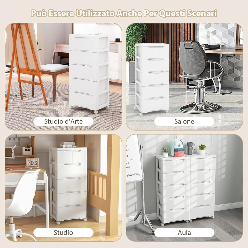 Carrello di Stoccaggio con Ruote, Cassettiera Verticale con Cassetti, Armadietto Contenitore di Stoccaggio, Organizzatore di Plastica per Casa Ufficio (5 cassetti)