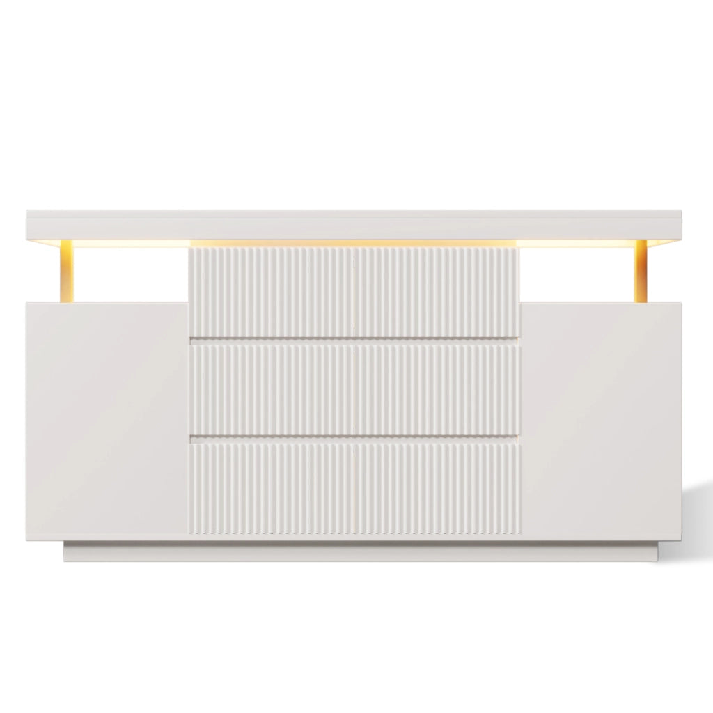Credenza con 6 cassetti; 2 ante e illuminazione LED - per soggiorno - in MDF e metallo - 150×40×78 cm - bianco