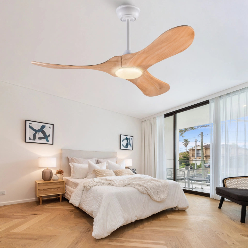 Ventilatore da soffitto 42 pollici con illuminazione e telecomando, 3 pale legno massello naturale, 3CCT dimmerabile, reversibile, 6 vel, timer