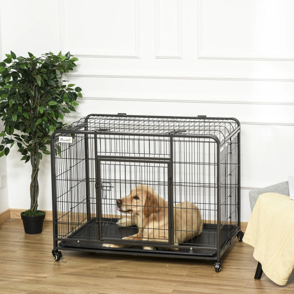 Gabbia per Cani Pieghevole ¨C zephmum ¨C Grigio, 109.5x71x78cm, Doppia Porta, Ruote