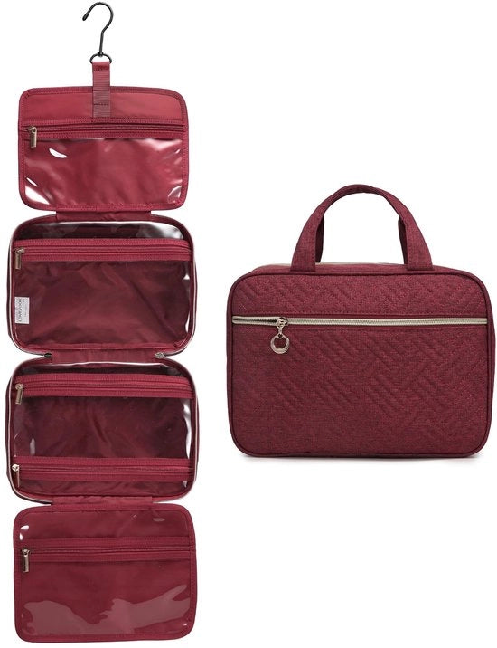 Toilette da appendere, borse da toilette acqua resistenti per donne, toilette pieghevole, borsa cosmetica, grande con 360° ganci ruotabili, rosso