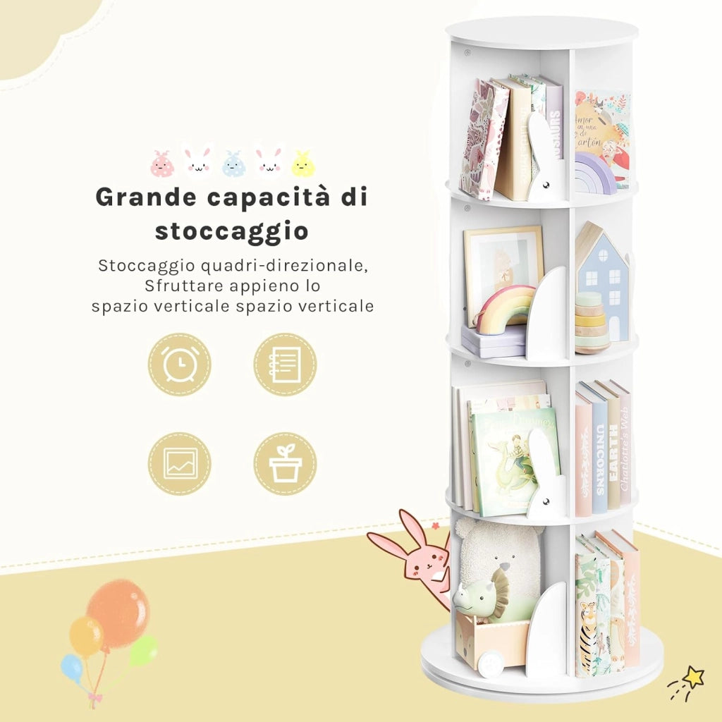 Libreria per Bambini Rotante, Libreria Girevole a 4 Livelli, Porta Libri per Soggiorno, Studio, Ufficio, Scaffale in Legno Autoportante