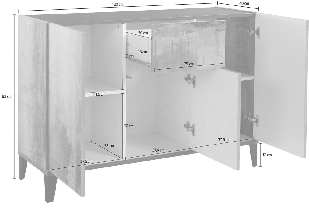 Credenza 3 Ante + 1 cassetto 120x40x82 cm Sunrise Acero Pereira e Ardesia