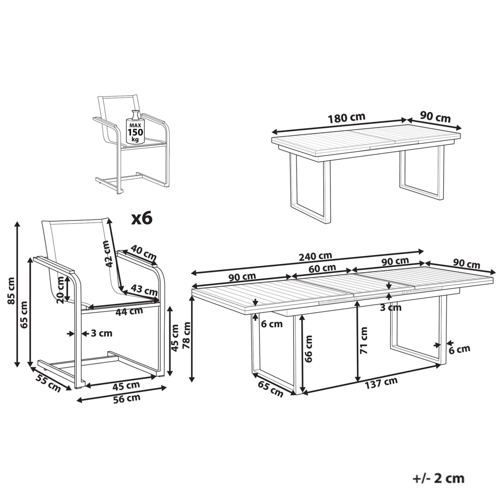 Set da pranzo da giardino a 6 posti Bianco e Grigio Alluminio Acciaio Inox Mobili da Esterno Moderni