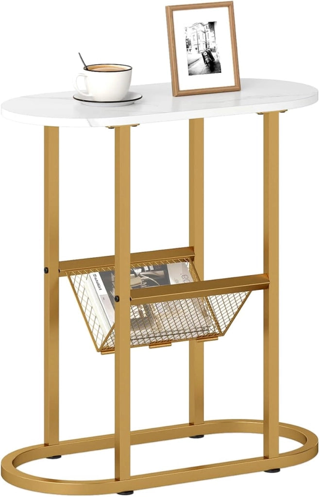 Tavolino con 2 ripiani, comodino piccolo con ripiano, struttura in metallo, 60 x 28,5 x 64 cm, tavolino laterale compatto per soggiorno e camera da letto (bianco)