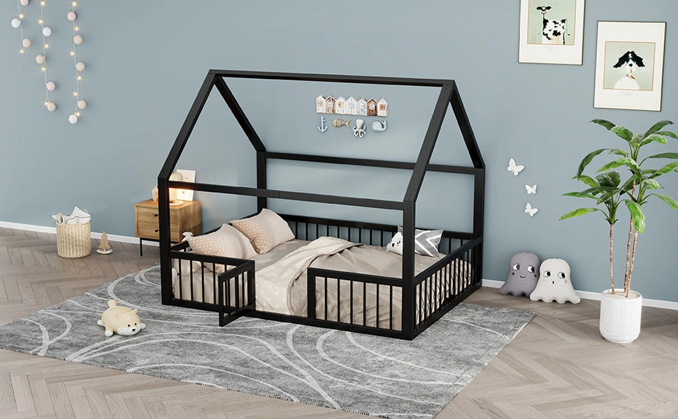 DESMIU Letto per bambini 2 posti con sponde e tetto, 140 × 200 cm, senza materasso, in metallo, nero