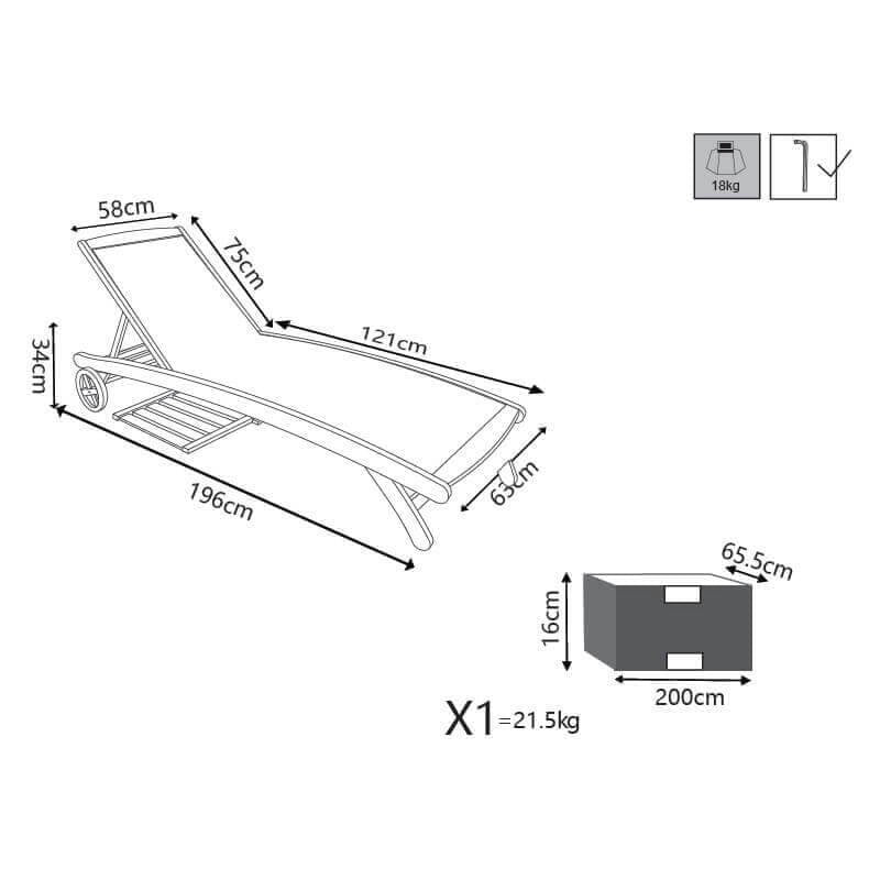 Lettino prendisole Legno con ruote in Legno Textilene Acacia cm 196x63x38 - MYRON