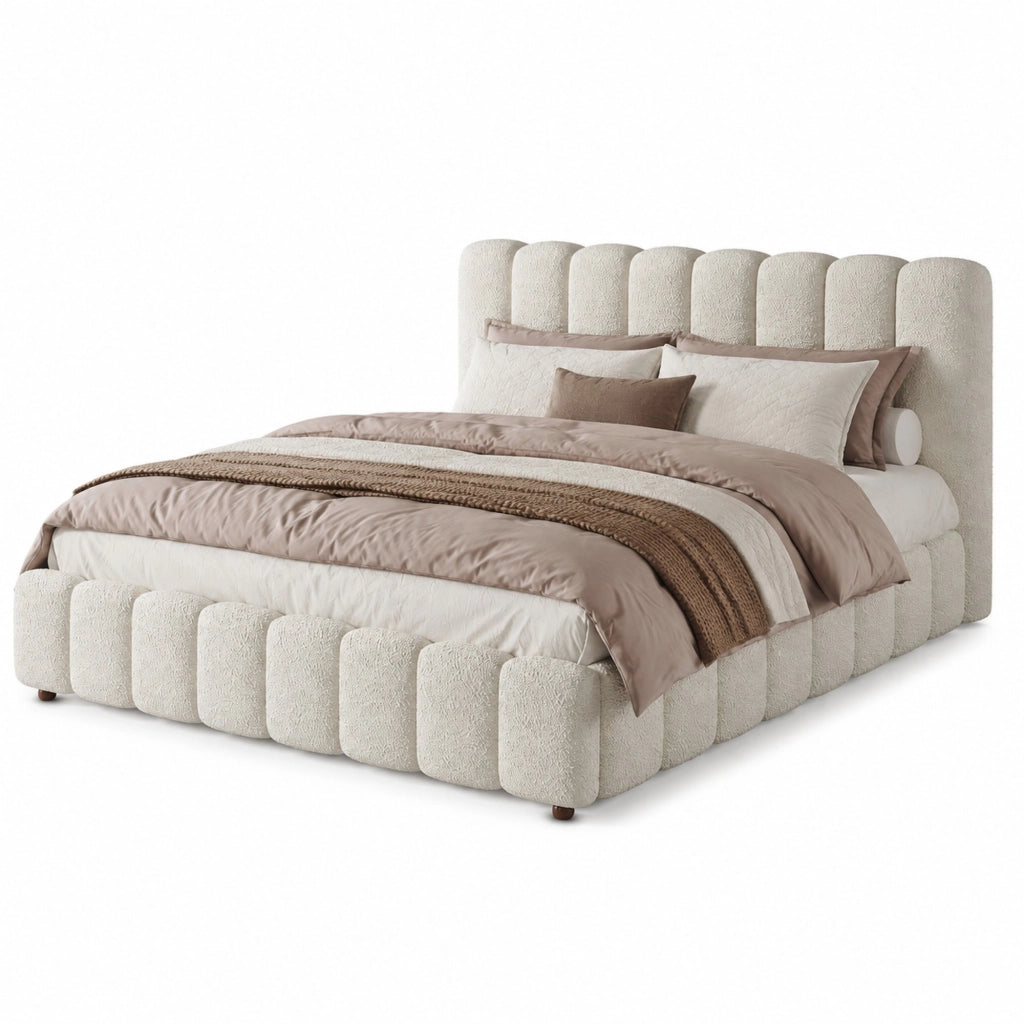 Letto matrimoniale imbottito 180x200 cm con contenitore idraulico, rete a doghe, testiera e struttura in bouclé bianco