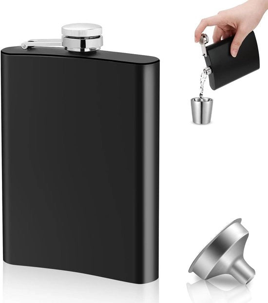 Fiaschetto in acciaio inossidabile con imbuto 230 ml - whisky - regalo per uomini e donne - alta qualità fiaschetto - nero - formato compatto per escursioni, arrampicate, campeggi.