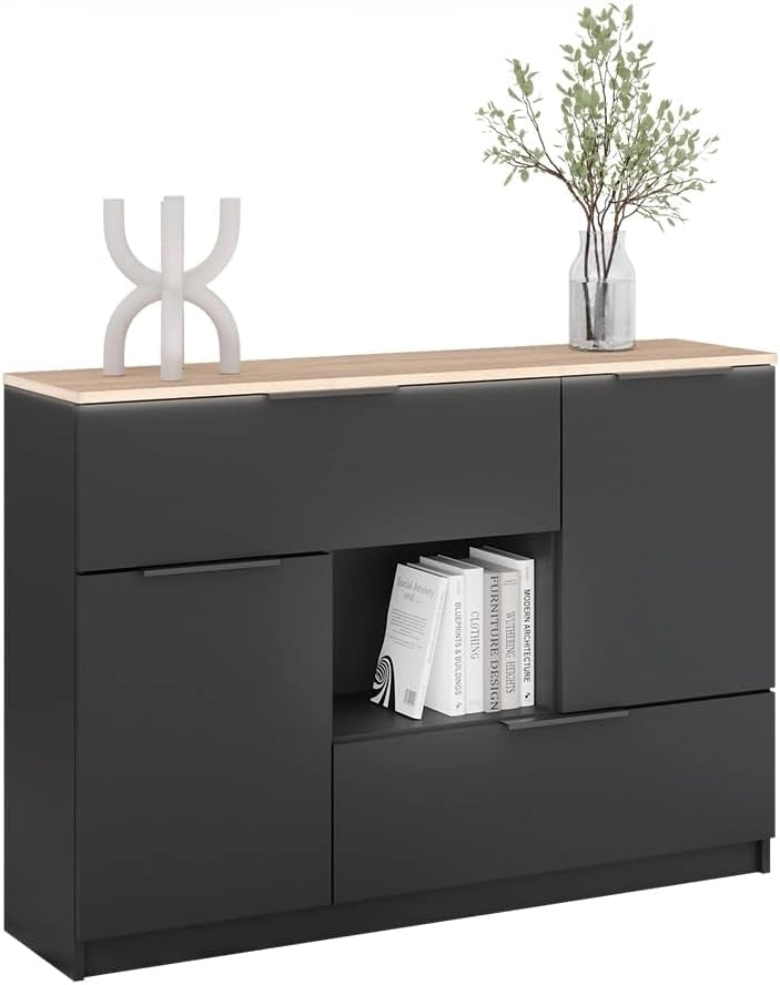 Cassettiera per camera da letto Betti, Antracite/Sonoma, 120 x 83.6 cm 2x porta, 2x cassetto e 1x scomparto aperto, per la conservazione e l'organizzazione di oggetti di uso quotidiano