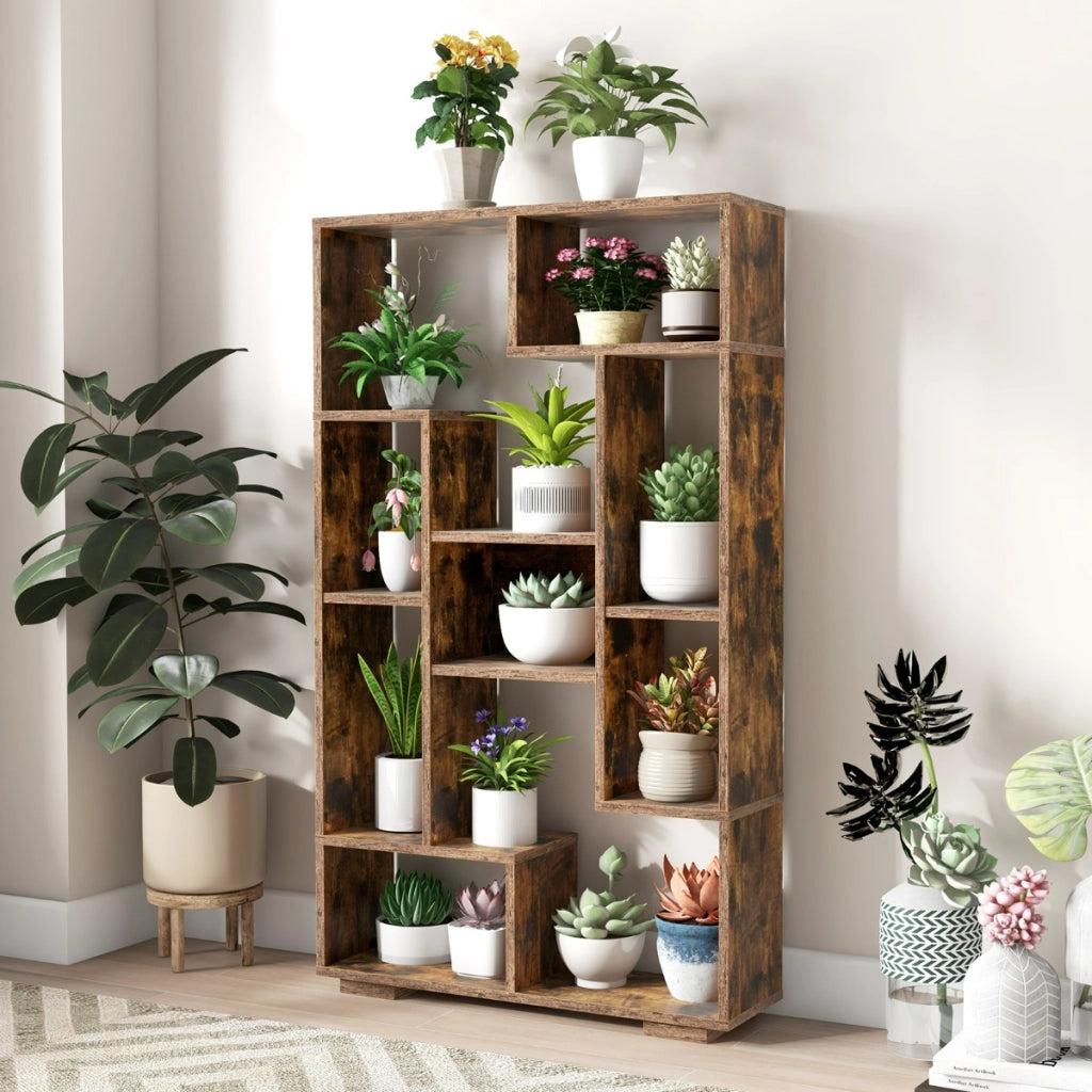 Scaffale per libri alto 120cm con ripiani aperti-Libreria geometrica con kit anti-ribaltamento per casa ufficio Marrone