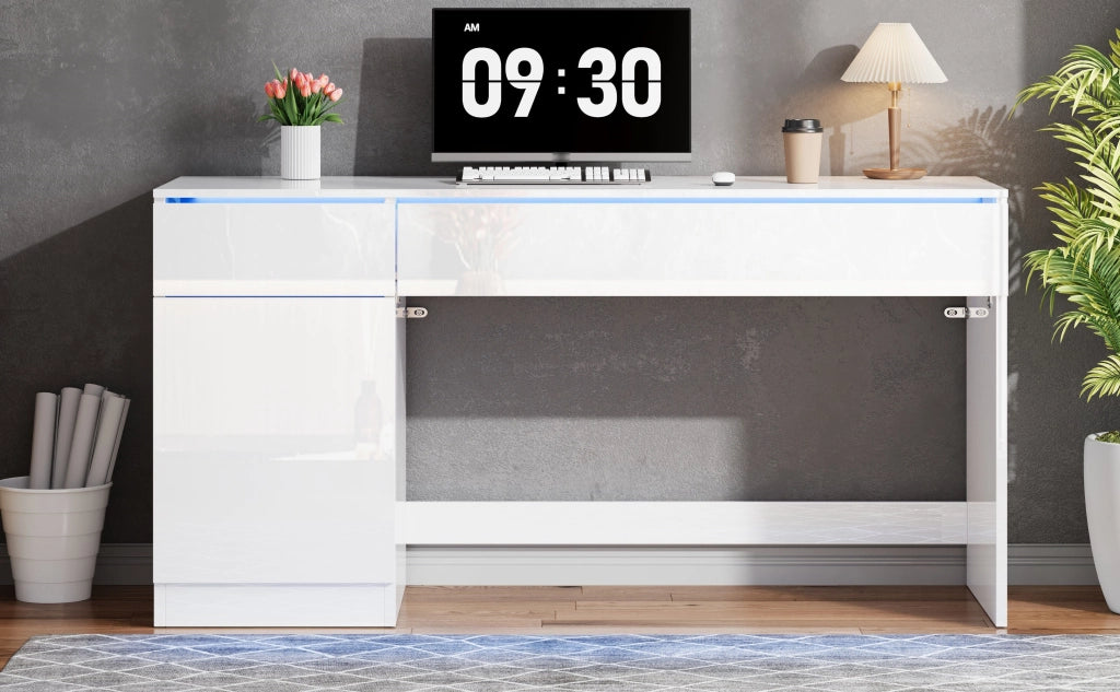 Scrivania moderna lucida 120 x 50 cm con LED, 2 cassetti e 1 anta, bianca