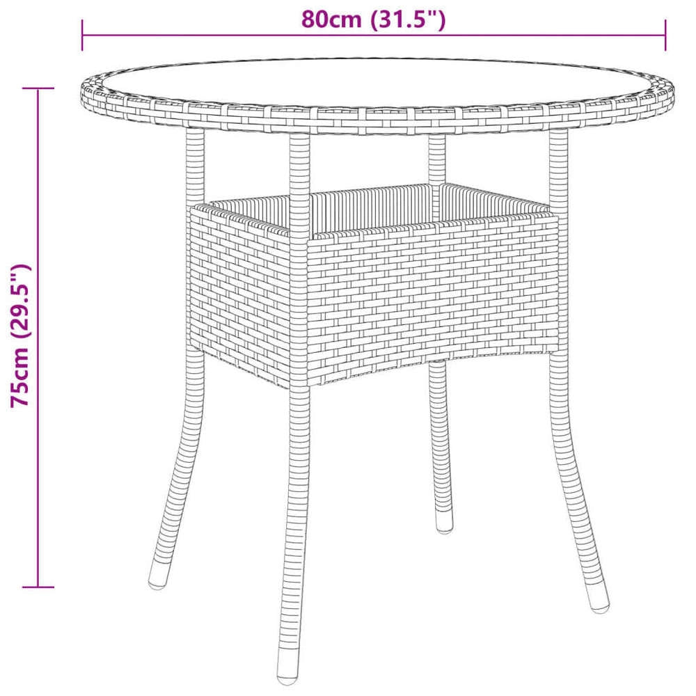Garden Table 80x75 Cm Tempered Glass And Poly Rattan Brown