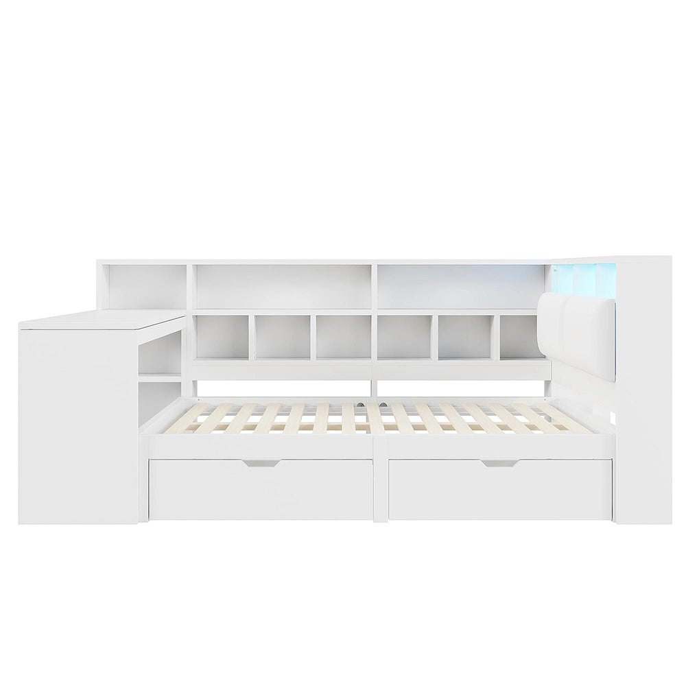 Letto angolare 140x200cm?- Xylo - scrivania libreria LED bianco