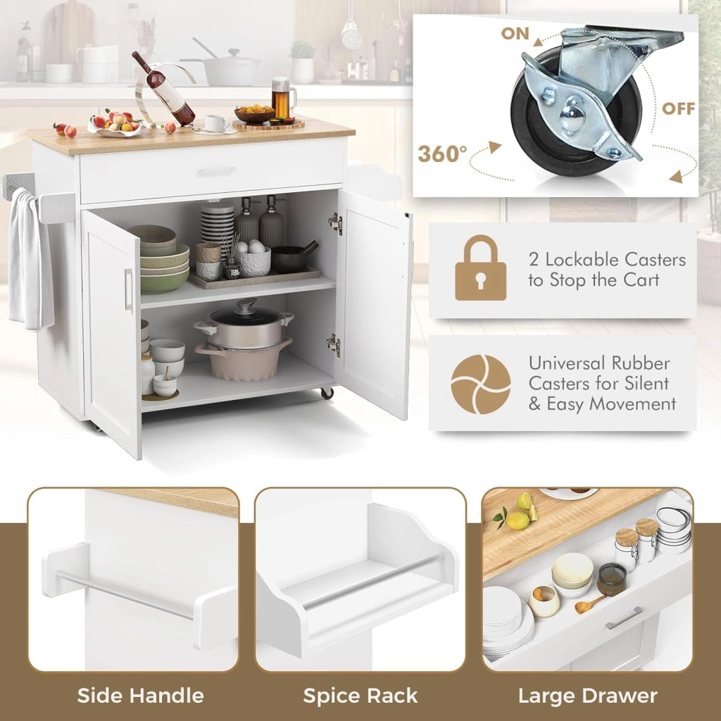 Carrello da Cucina con Ruote di Gomma, Isola Cucina con Cassetto e Ripiano Regolabile, Mobile Credenza Salvaspazio Porta Microonde, Portaspezie, Portasciugamani, 116 x 40 x 85 cm (Bianco)