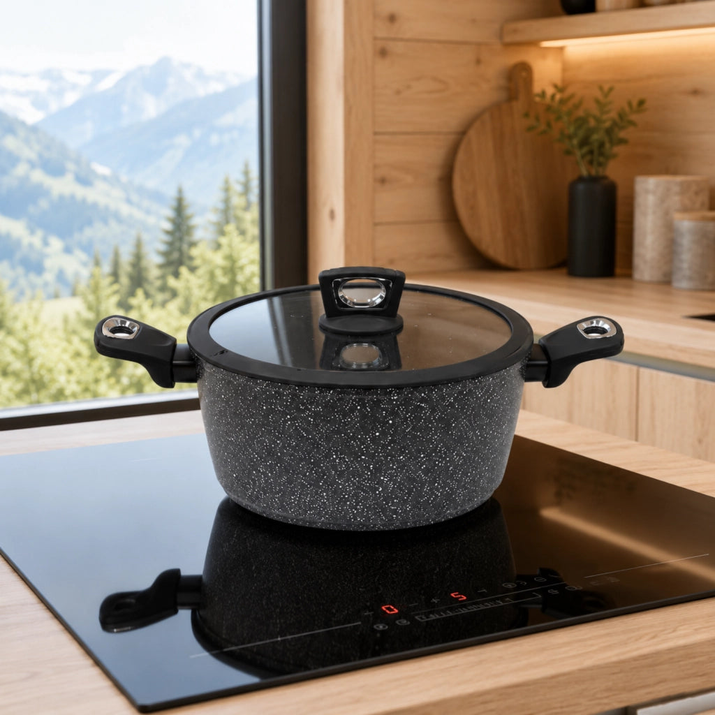 Casseruola Antiaderente Ø 24 cm con Coperchio - Pietra Lavica Induction - Alluminio Forgiato Effetto Pietra - Vetro e Silicone - Induzione - GMD Italy