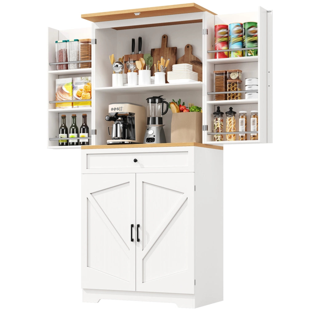 Credenza alta 80x40x180 cm con ripiani aperti e cassetti in MDF bianco
