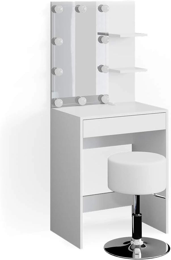 Vicco Tavolo da toeletta Isabelle, Bianco, 60 cm con illuminazione LED e sgabello, Salvaspazio e funzionale allo stesso tempo