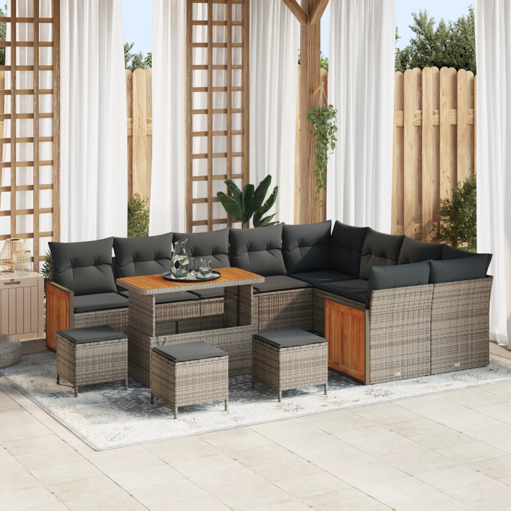 Set di divano da giardino da 13 pezzi con cuscini in rattan grigio e acacia