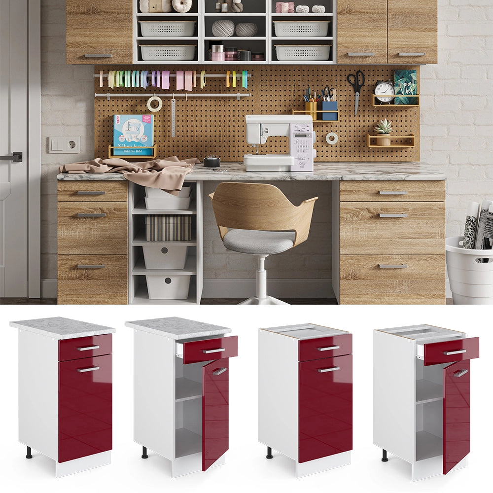 Vicco Base universale Rosso bordeaux lucido 40 cm con cassetto, con piano di lavoro