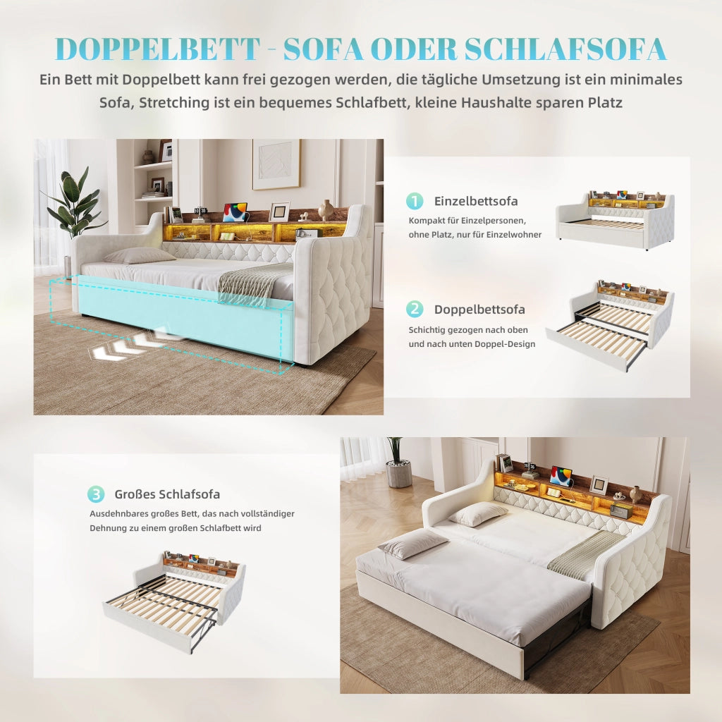 LETTO Divano letto estraibile 90x190 cm in velluto beige con LED e USB