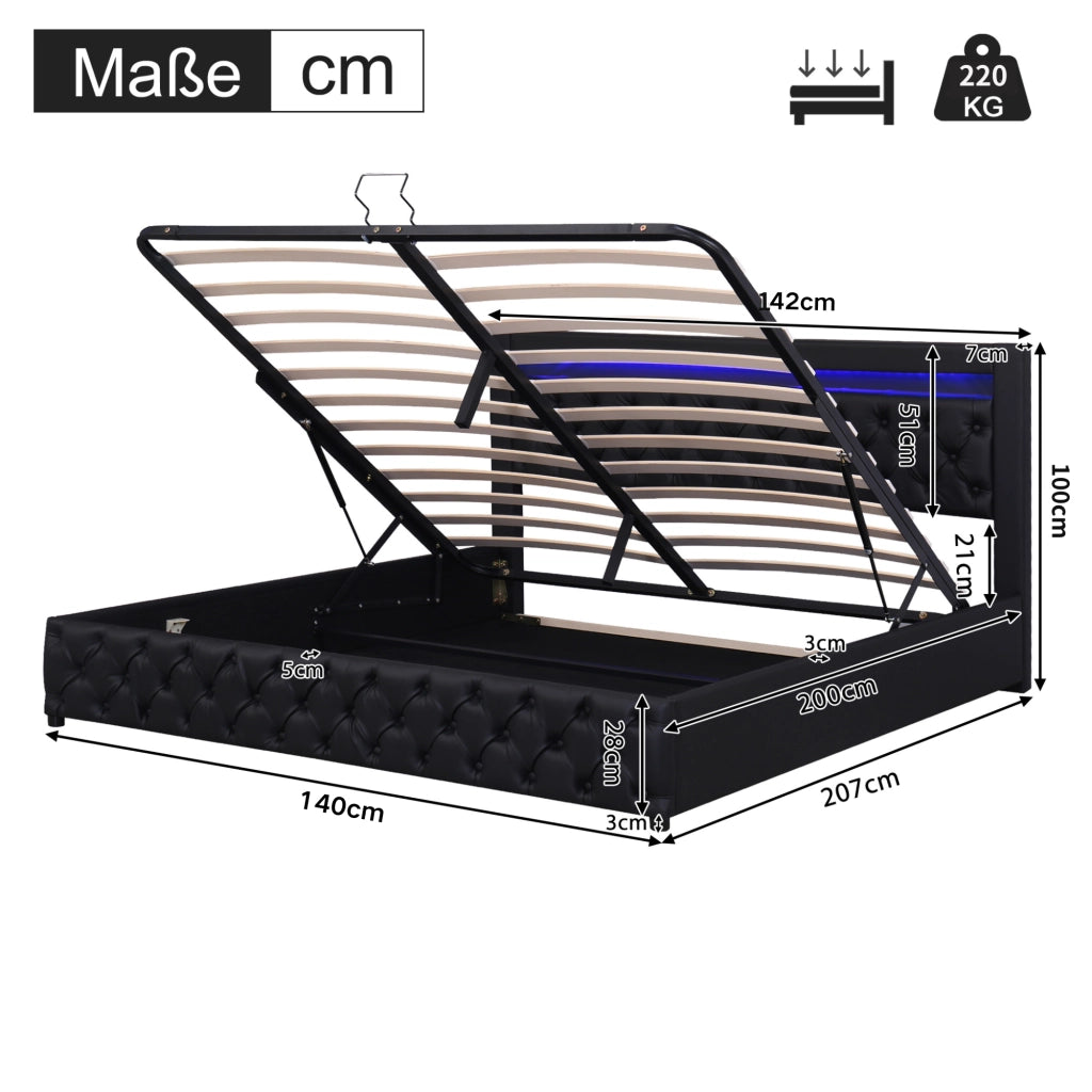 OKWISH Letto Contenitore 140×200 cm, Letto Matrimoniale con LED Regolabile e Vano Contenitore, senza Materasso, in PU, Nero