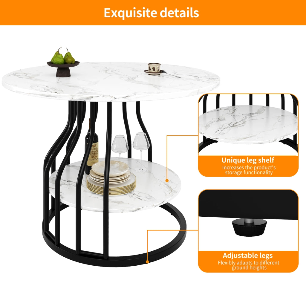 Tavolo da pranzo rotondo con piano effetto marmo in MDF e base con vano inferiore, nero 80 × 80 × 76 cm