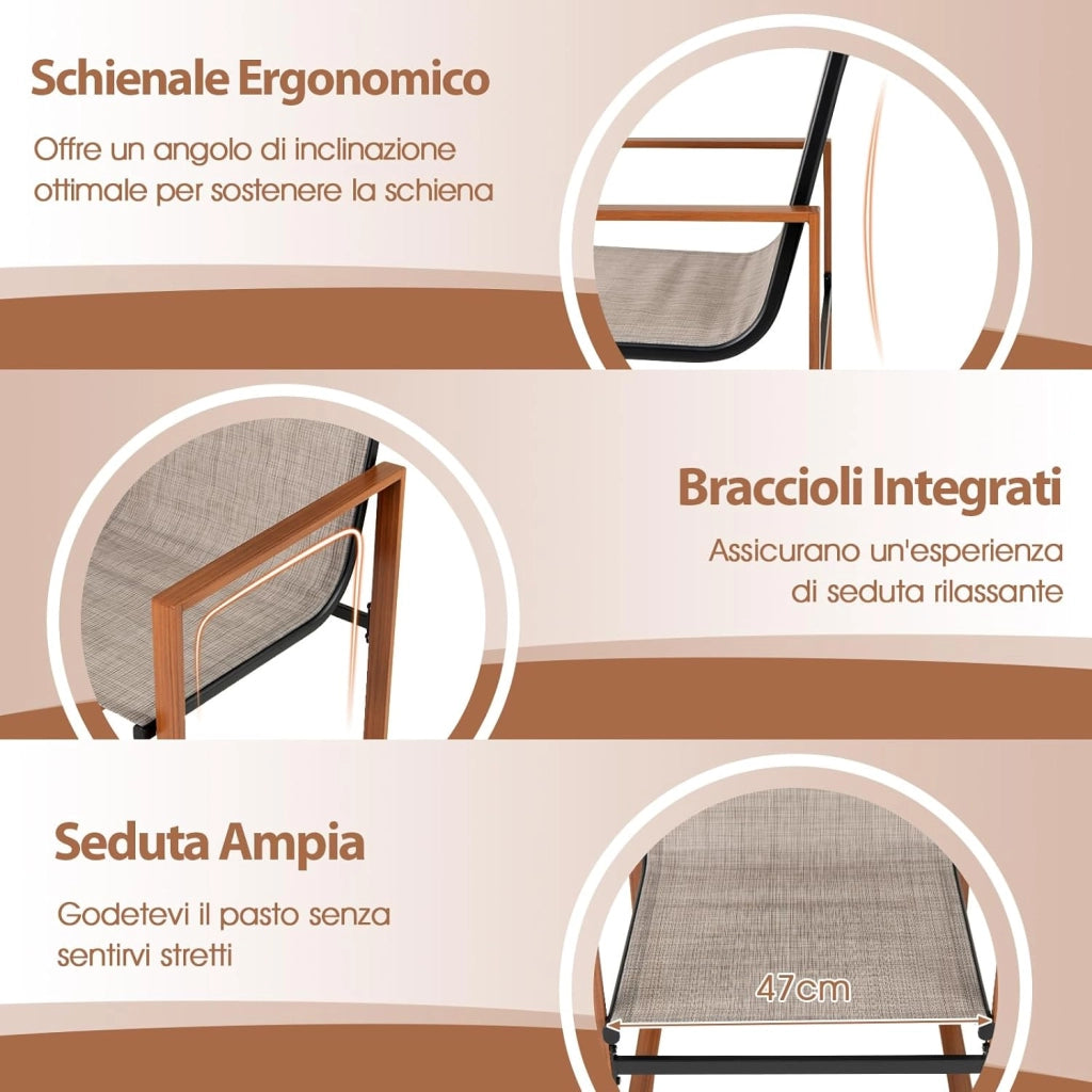 Set di 2 Sedie da Pranzo da Esterno, Sedia da Patio con Seduta e Schienale Traspiranti, Braccioli Larghi, Telaio in Metallo, per Cortile, Veranda, Giardino, Portata 150 kg (Caffè)