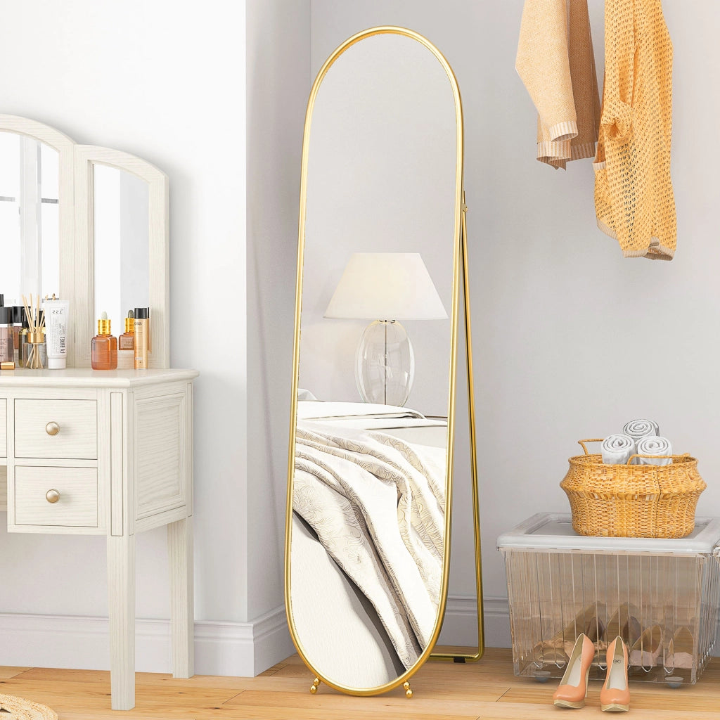 Specchio Verticale Ovale da Terra con Supporto, in Vetro e Metallo, 40x41x159 cm, Tonalit¨¤ Oro