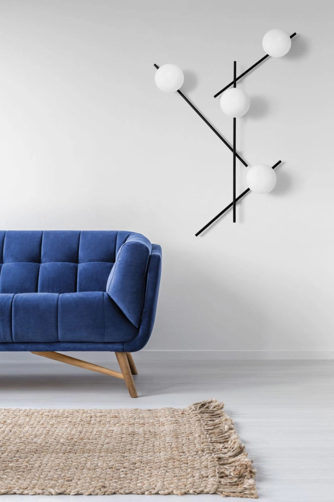 MIKADO LAMPADA DA PARETE O SOFFITTO 4 LUCI  IN METALLO NERO E VETRO SOFFIATO BIANCO D.14CM ATTACCO G9