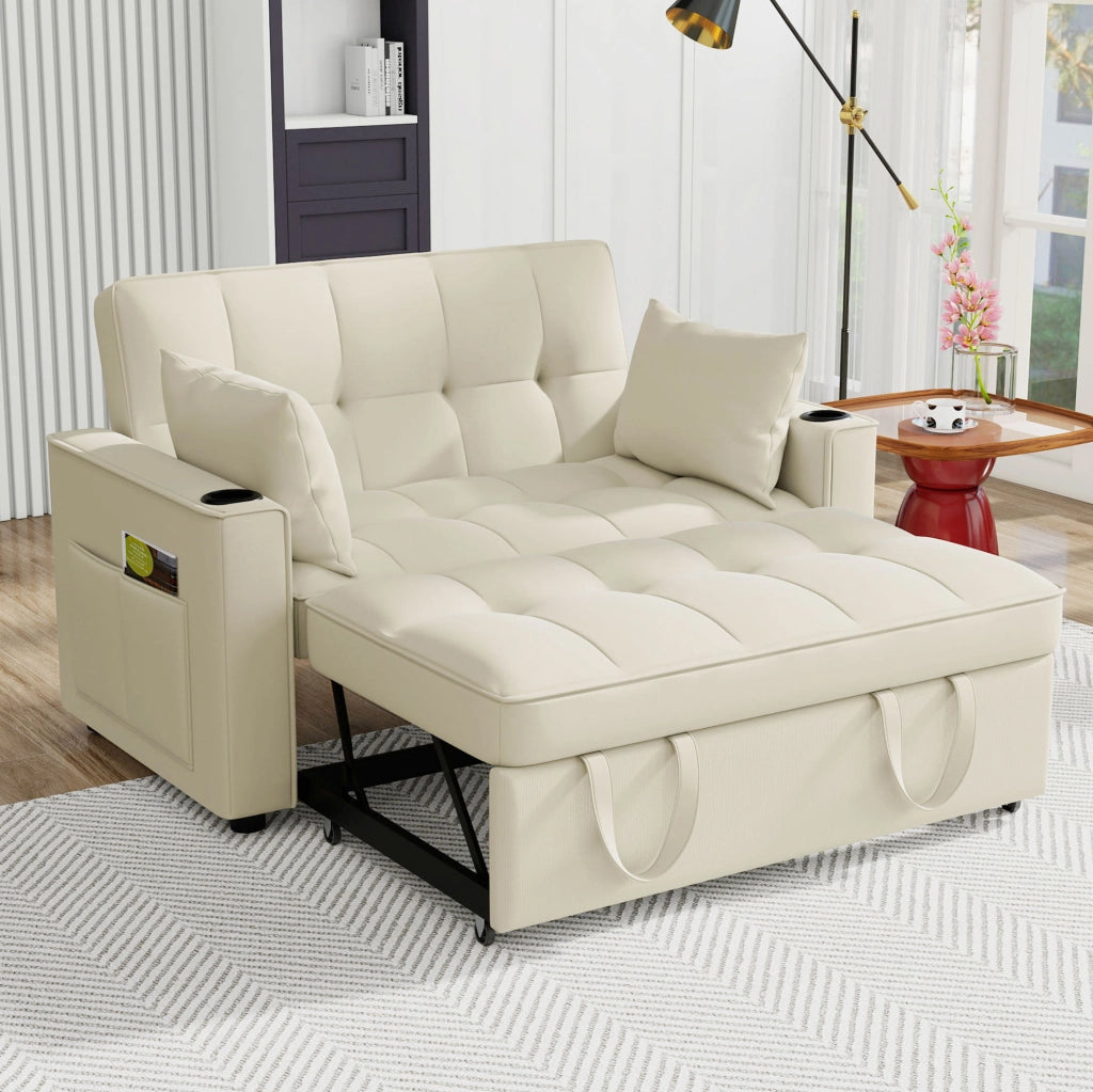Divano letto pieghevole 2 posti in velluto beige con schienale regolabile e portabevande