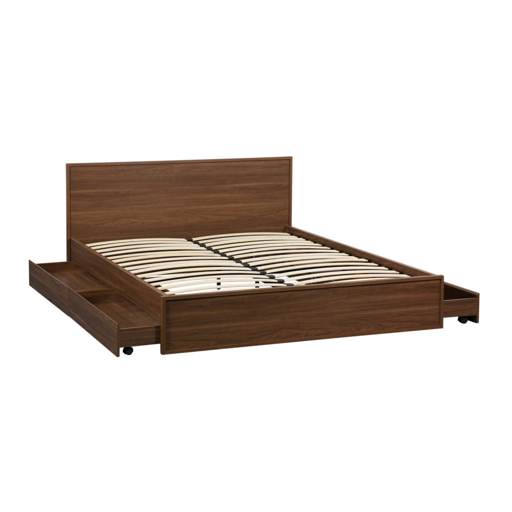Letto con rete a doghe e testiera 160x200cm + 4 cassetti, noce
