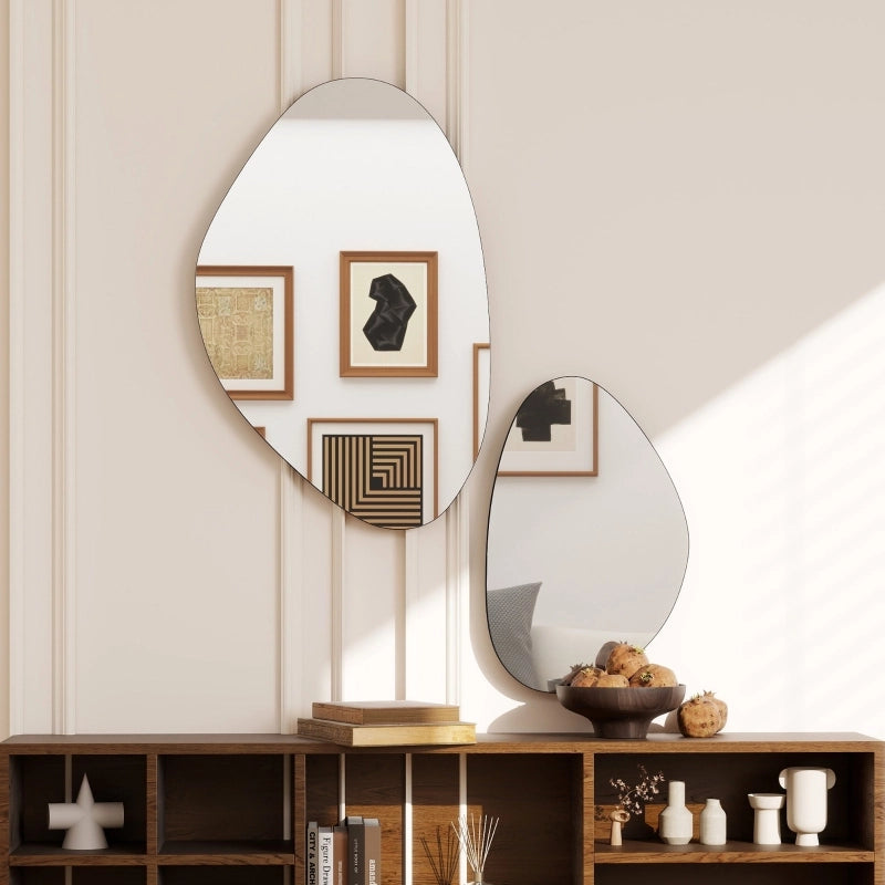 Set di 2 specchi da parete, 70 x 46 cm, 49,5 x 31 cm, specchio da finestra con cornice in metallo, specchio da appendere a forma di ciottolo, nero