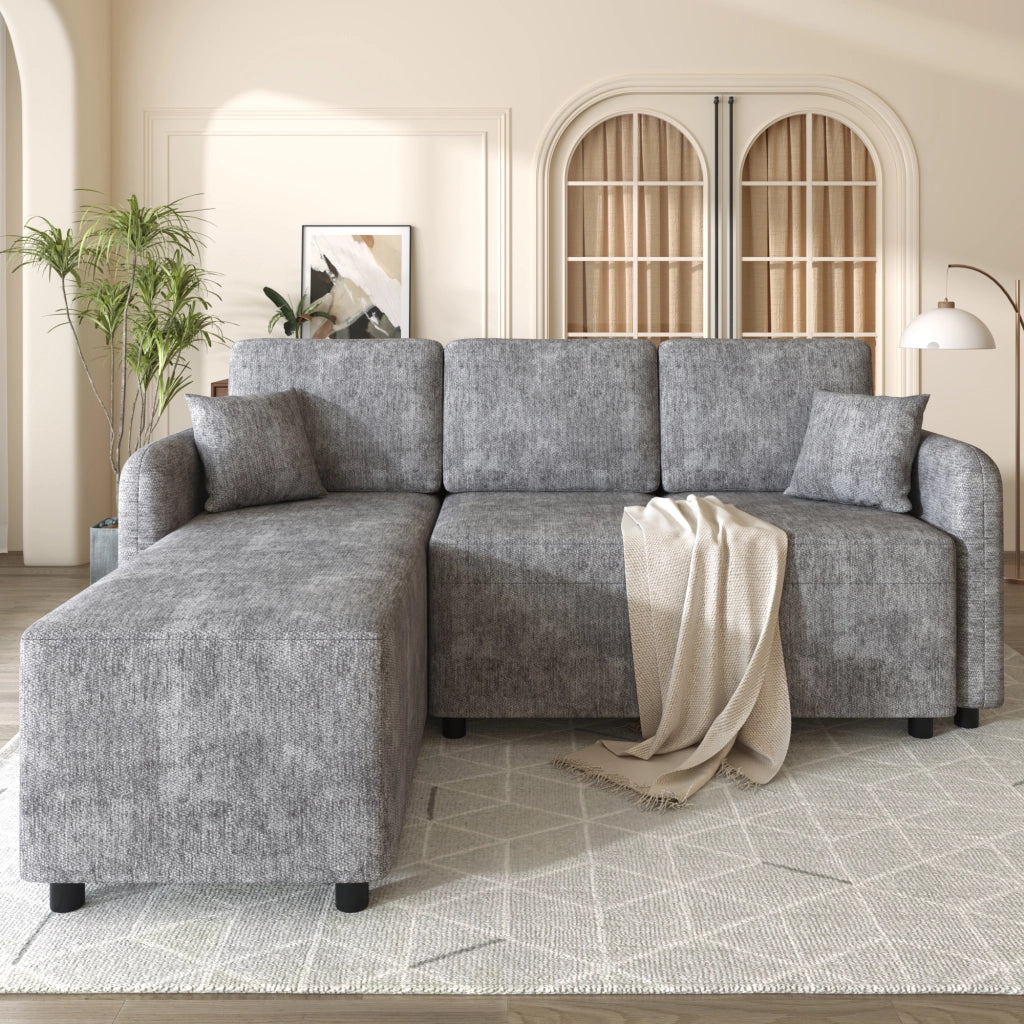 DIVANO ANGOLARE 3 POSTI L-FORMA Chenille Grigio con 2 cuscini