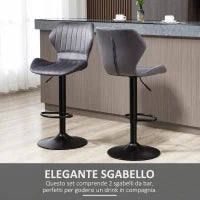 Set 2 Sgabelli da Bar ad Altezza Regolabile con Seduta Ergonomica e Poggiapiedi, Sgabelli Alti in Effetto Velluto e Metallo, 47x51.5x92-114 cm, Grigio