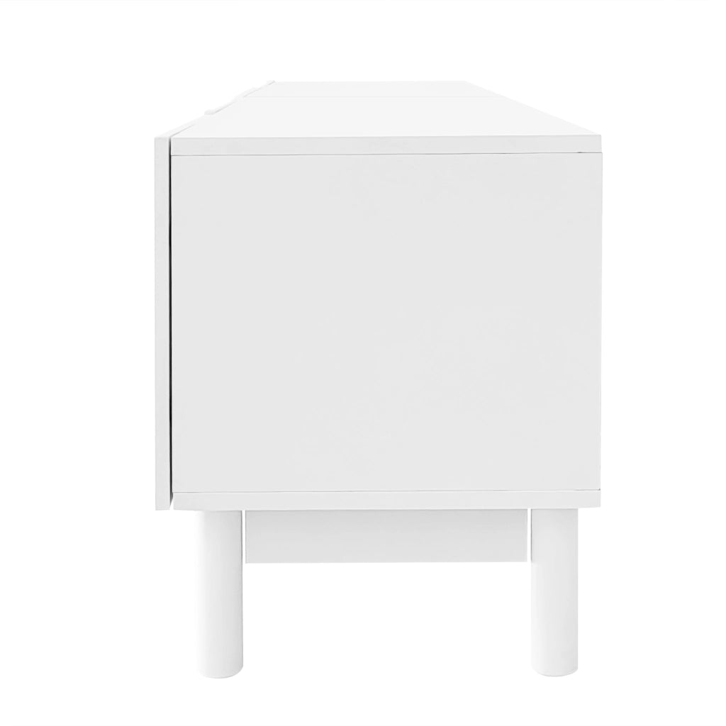 Mobile basso, mobile TV con ante curve a forma di onda, ripiani e supporto TV con gambe stabilizzatrici.