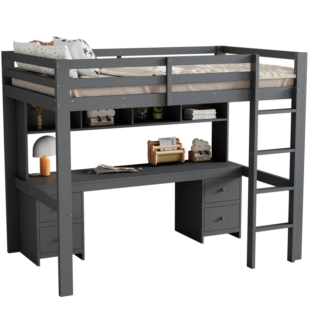 Letto a soppalco 90x200 cm con scrivania e spazio contenitivo in pino grigio