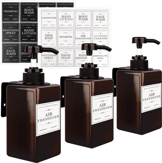 Set di 3 dispenser, 450 ml, senza foratura, con etichette, dispenser di sapone e detersivo per cucina e bagno, con pompa in plastica e supporto alla parete