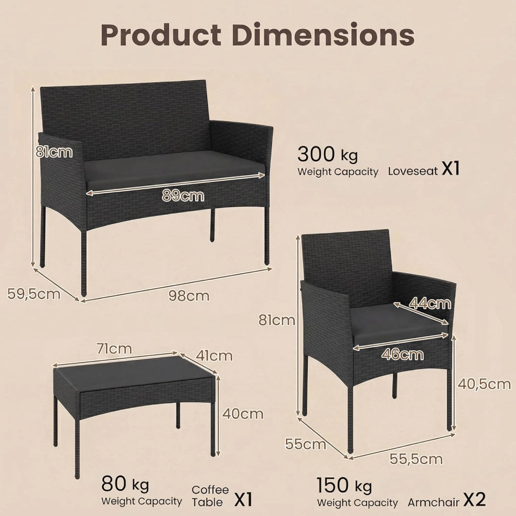 Salotto da Giardino Esterno 4 Pezzi, Set da Esterno in Rattan con Tavolino con Piano in Vetro, Divano 2 Posti e 2 Poltrone, Set da Conversazione con Cuscini per Patio, Balcone e Terrazzo (Nero)