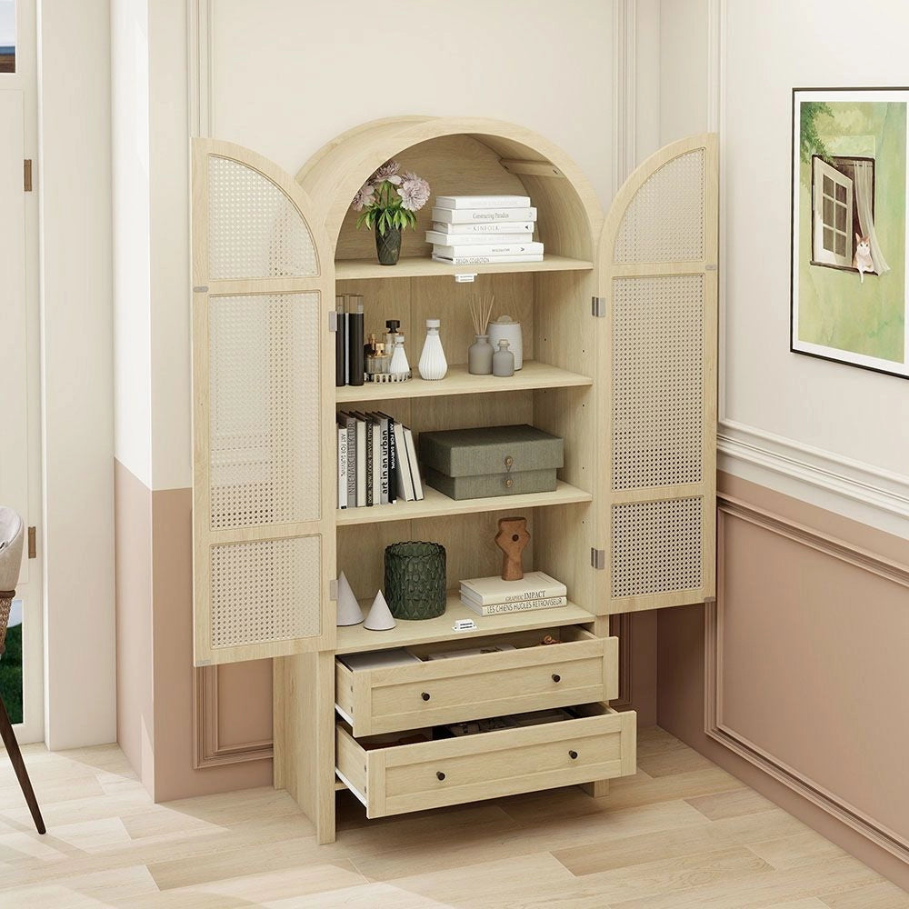 Armadio di archiviazione - Xylo - 79x39,5x178cm - Stile boh??mien con porte in rattano e due cassetti