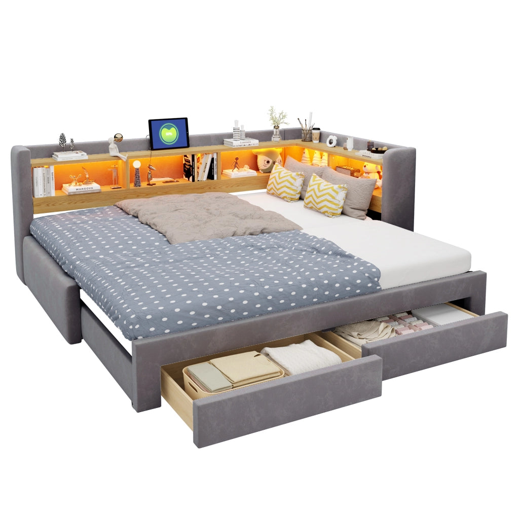 Divano letto estraibile 3 in 1 90x200 cm con cassetti; LED e presa; grigio