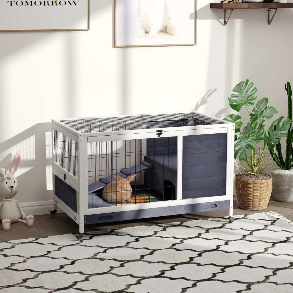 Gabbietta per Conigli e Porcellini d'India con Casetta, Rampa e Ruote ¨C zephmum ¨C Legno Naturale Grigio e Bianco 90x53x59 cm